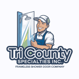 Logo of Tri County Specialties Inc. featuring a smiling technician holding a frameless shower door, emphasizing expertise in glass solutions.